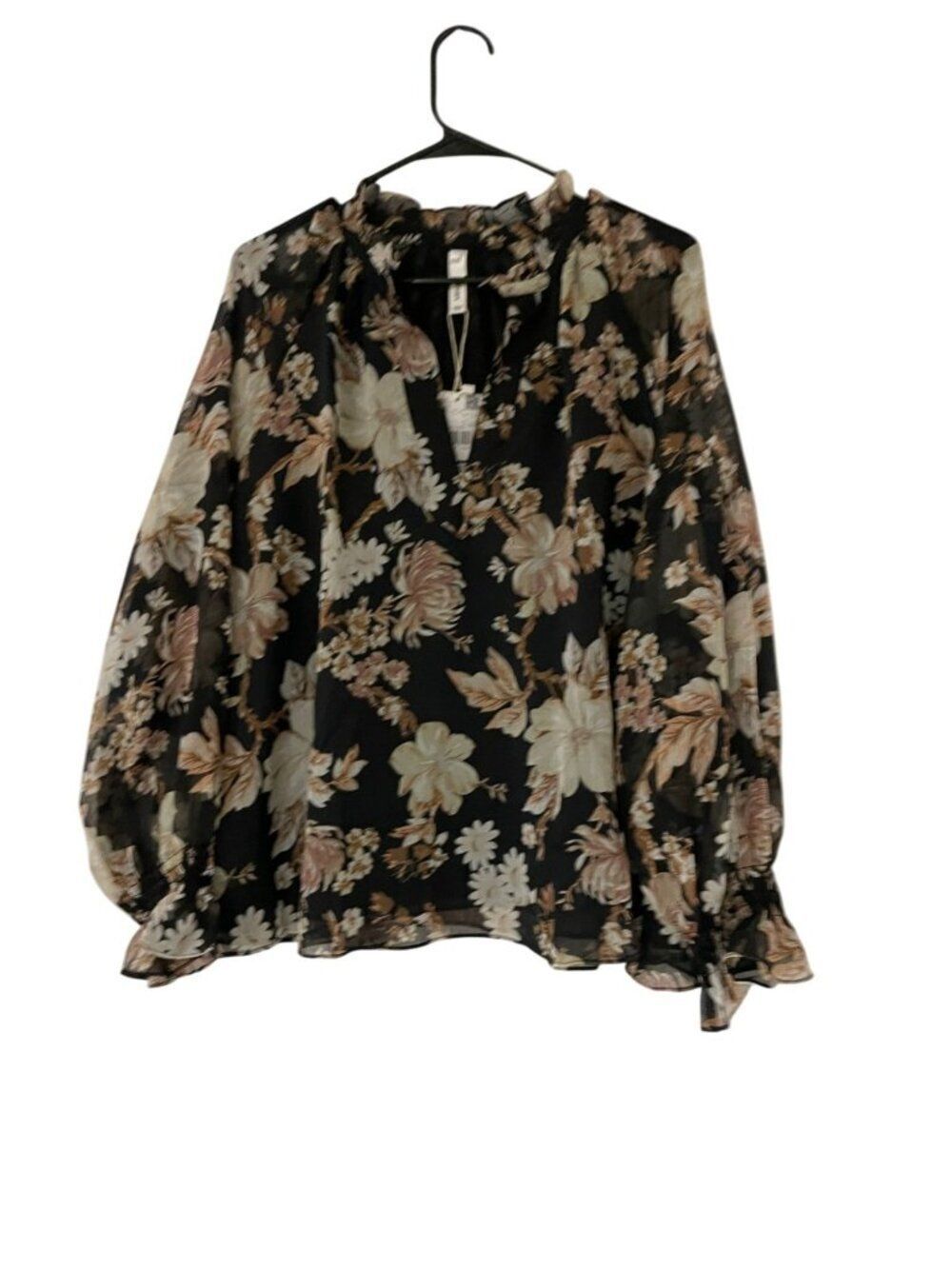 Mango Womens Blouse Shirt Large Multicolor Floral V-Neck Ruffled Cuffs NWT